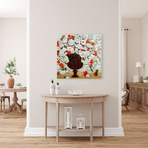 Red and White Blooms with Apples and Pear
