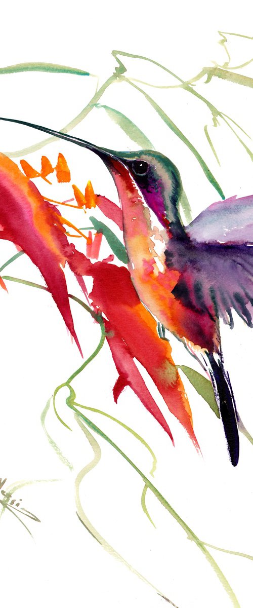 Flying Hummingbird and Flowers by Suren Nersisyan