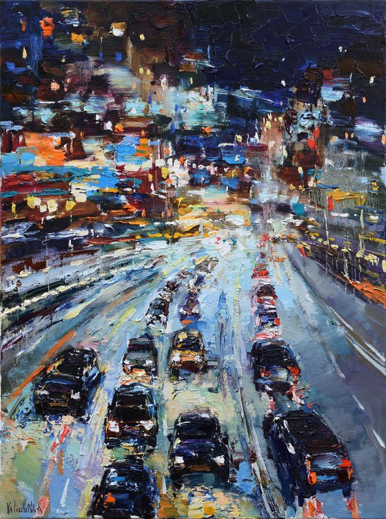 Night City Traffic - Urban landscape painting 60 x 80 cm