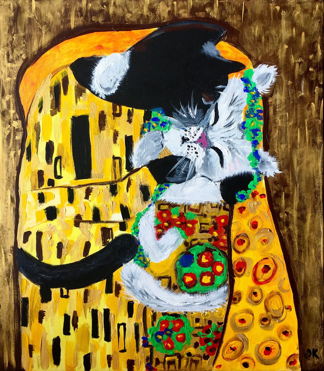 Expressive Animal Acrylic Painting By Olga Koval, 16 X 18", Cats Kiss And Gustav Klimt, Original Artwork
