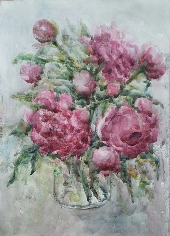 Bouquet of peonies. Original watercolour painting.