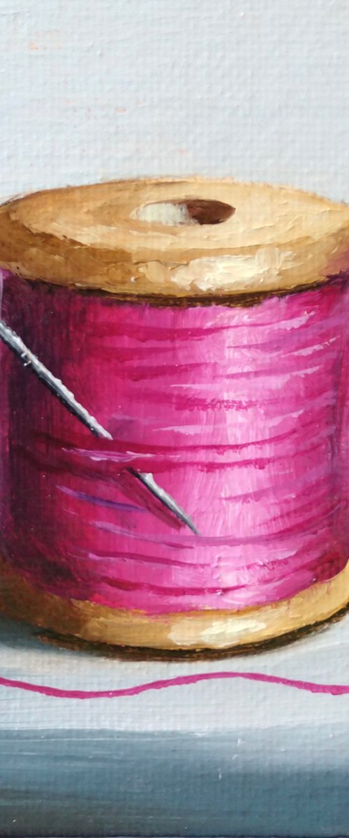 Little pink  cotton reel still life by Jane Palmer Art