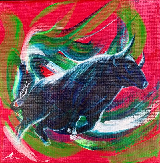 A bull on a crimson background