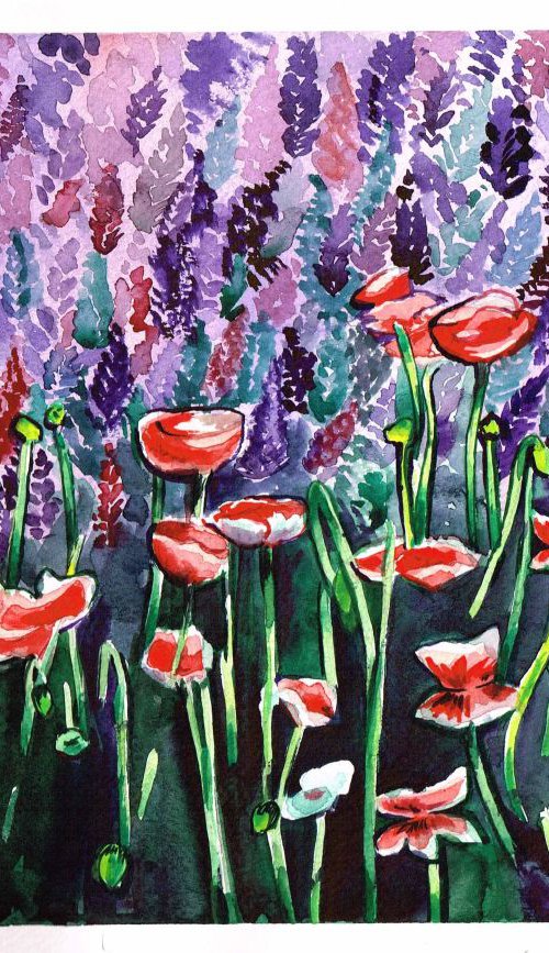 Lavender and Red Poppies Meadow Flowers by Diana Aleksanian