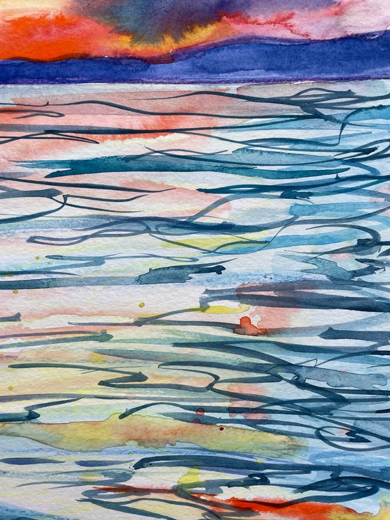 Sea Watercolor Painting, Sunset Seascape Original Artwork, Coastal Wall Art, Beach House Decor