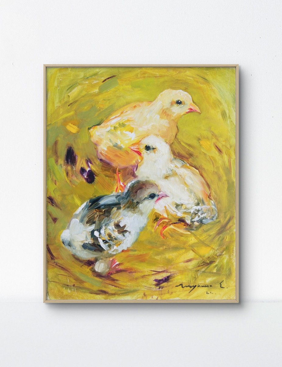 Impressionistic Animal Oil Painting By Helen Shukina, 8 X 10, Chickens . Summer Morning, Original Artwork