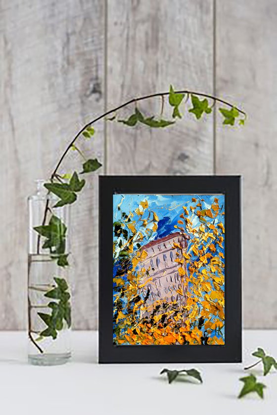 NYC Fall Painting Cityscape Original Art New York Small Oil Artwork Autumn Impasto Pallete Knife Wall Art 6 by 8" by Halyna Kirichenko