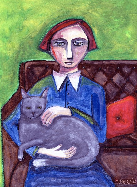 Woman and her Cat Vintage Lady sitting on chair