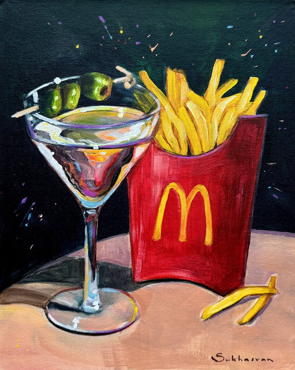 Impressionistic Still Life Acrylic Painting By Victoria Sukhasyan, 8 X 10", Martini And Fries, Original Artwork