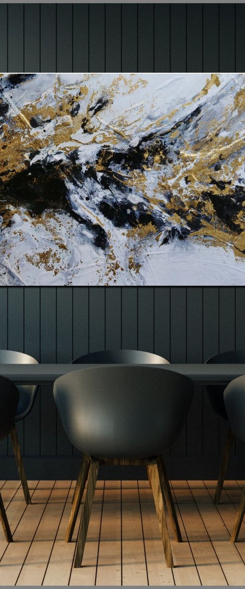 Black and Gold Elegance 200cm x 80cm White Gold Abstract Art by Franko