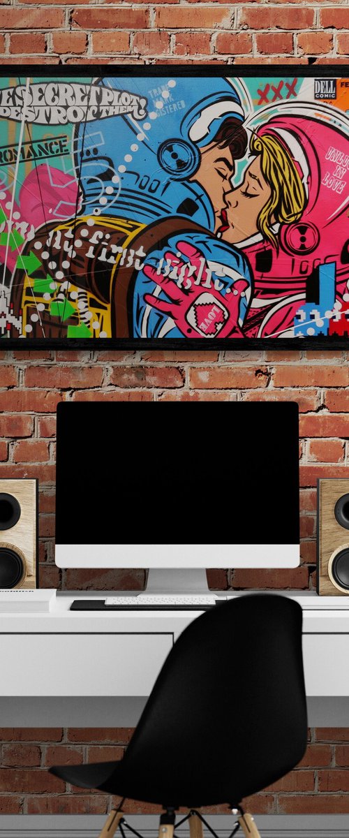 The Love Stuff 160cm x 60cm Kissing Space Cadets Textured Urban Pop Art by Franko