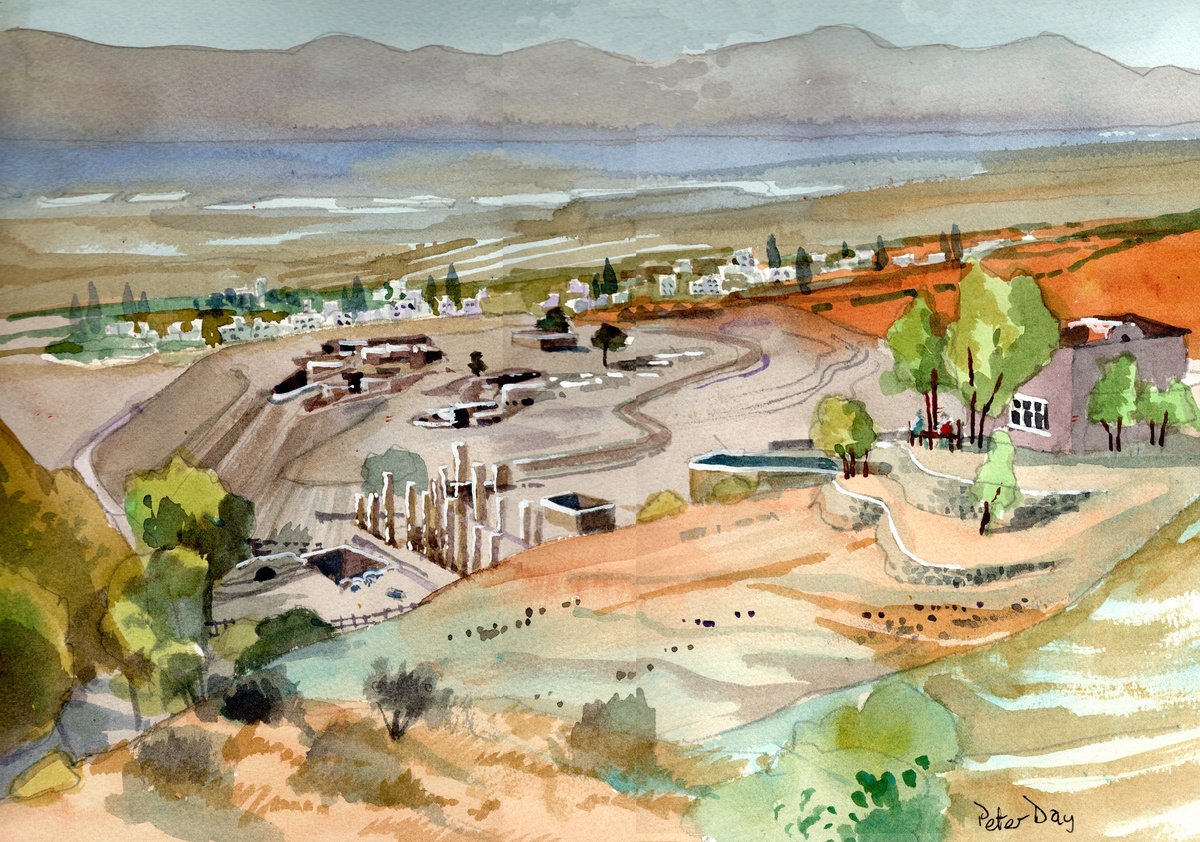 Impressionistic Landscape Watercolour By Peter Day, 17 X 13", Jordan, Roman Ruins At Pella., Original Artwork