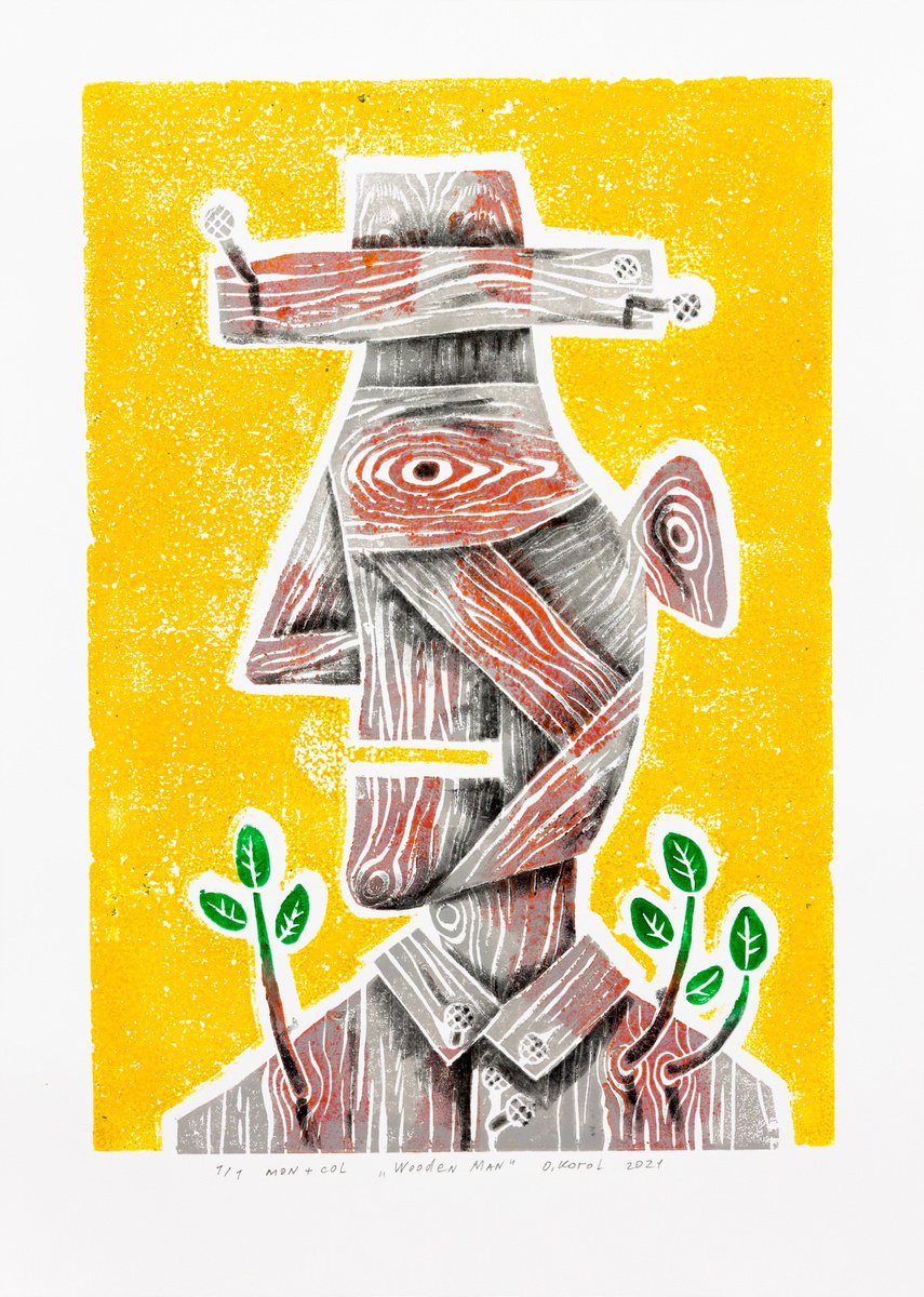 Portrait Limited Edition Print By Oleksandr Korol, 17 X 24", Wooden Man, Original Artwork