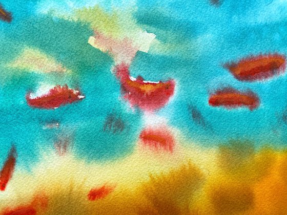 Fishes Pond Watercolour Painting, Abstract Landscape Original Art, Green Wall Art