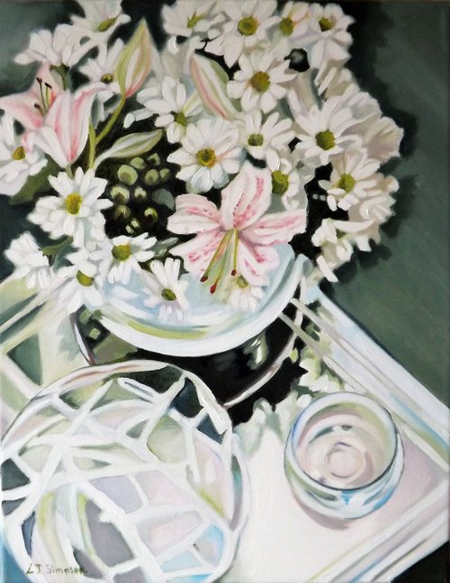 Glass Reflections with Lilies and Daisies by Louisa J  Simpson