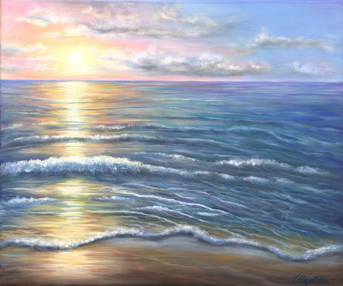 Expressive Landscape Oil Painting By Ludmilla Ukrow, 24 X 20", Sunset At The Ocean, Original Artwork