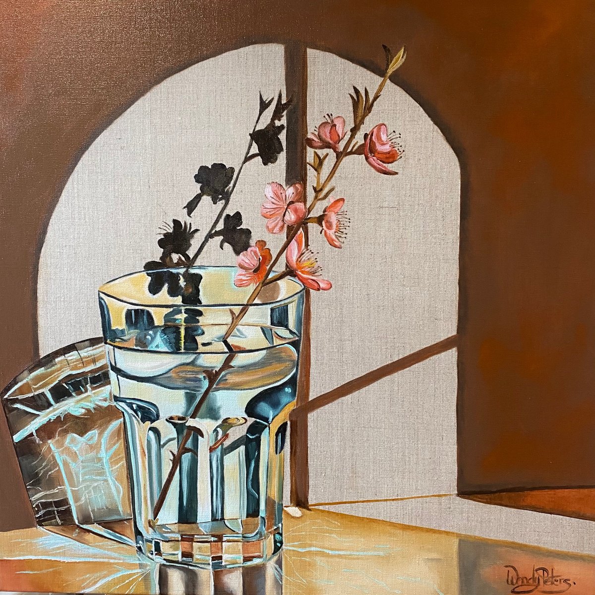 Organic Still Life Oil Painting By Wendy Peters, 24 X 24", Blue Glass And Blossom, Original Artwork