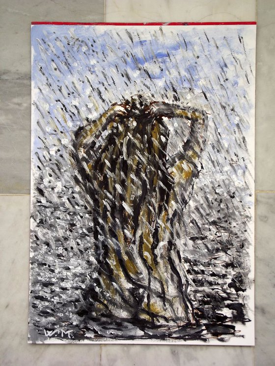 RAINY LAKE GIRL , THE BATH - Thick oil painting - 29.5x42 cm
