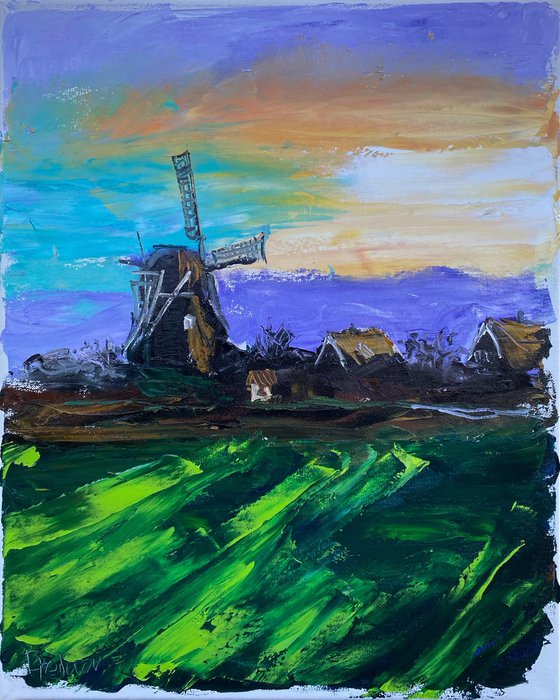 Windmill at sunset. Plein Air