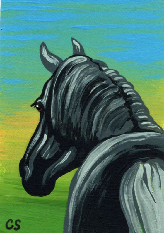 ACEO ATC Original Miniature Painting Black Pony Horse Farmyard Art-Carla Smale