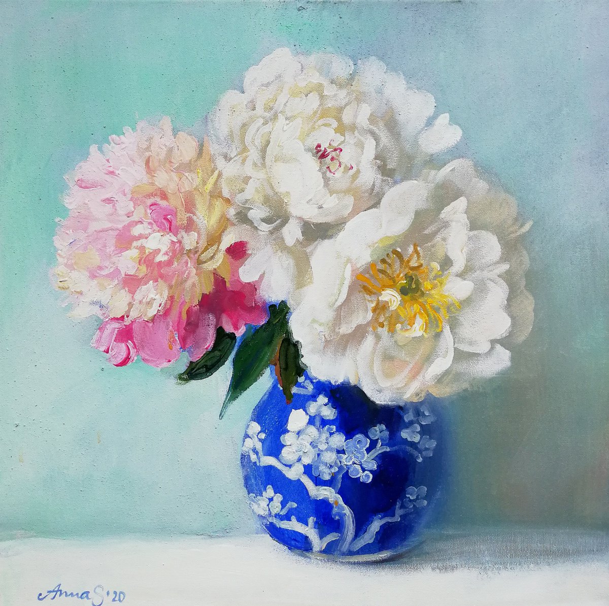 -3 peonies in Chinese vase-? by Anna Silabrama