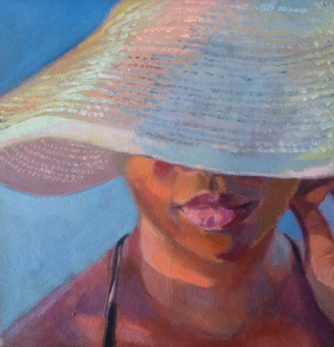 Expressive Portrait Acrylic Painting By Anyck Alvarez Kerloch, 13 X 13, Woman With Hat, Original Artwork