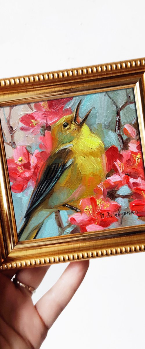Singing bird on blossom branch by Nataly Derevyanko
