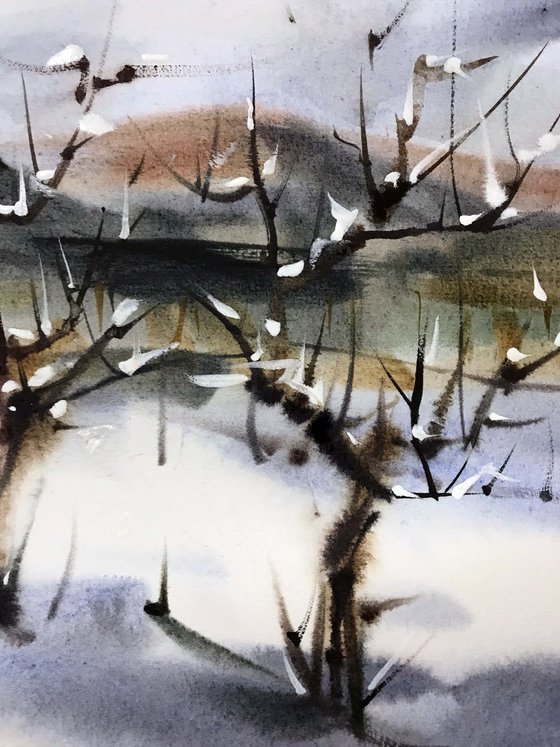 Winter vineyards. one of a kind. original work. painting.