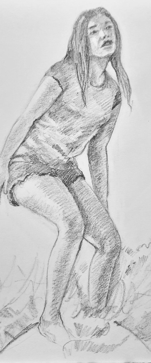 Surfing Girl Learning to surf Pencil sketch by Asha Shenoy