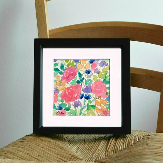 Roses - mounted watercolour, small gift idea