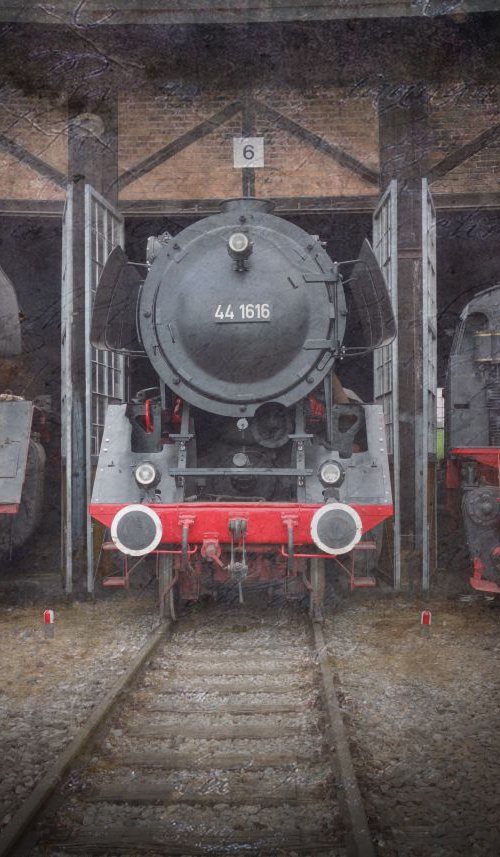 Old steam trains in the depot 11 - print on canvas 60x80x4cm by Kuebler