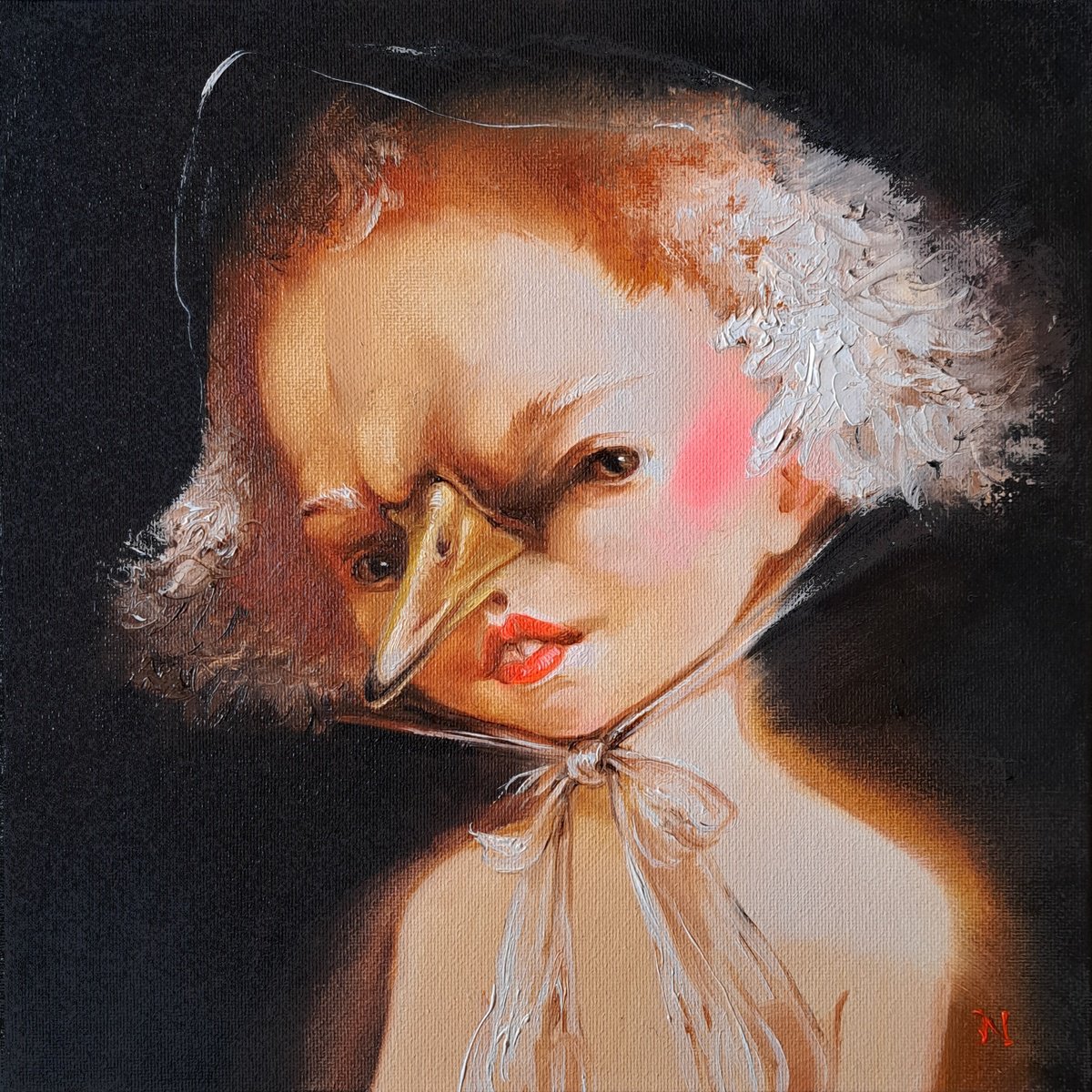 Surrealistic Botanical Oil Painting By Nataly Derevyanko, 8 X 8", Beak Innocence, Original Artwork