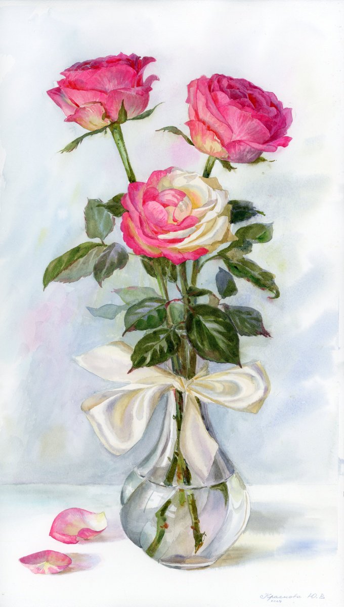 Photorealistic Still Life Watercolour By Yulia Krasnov, 12 X 21", Bouquet With Two-Color Rose, Original Artwork