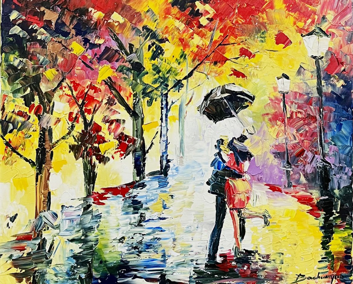 Impressionistic Portrait Oil Painting By Vahe Bagumyan, 24 X 20", A Rainy Romance, Original Artwork