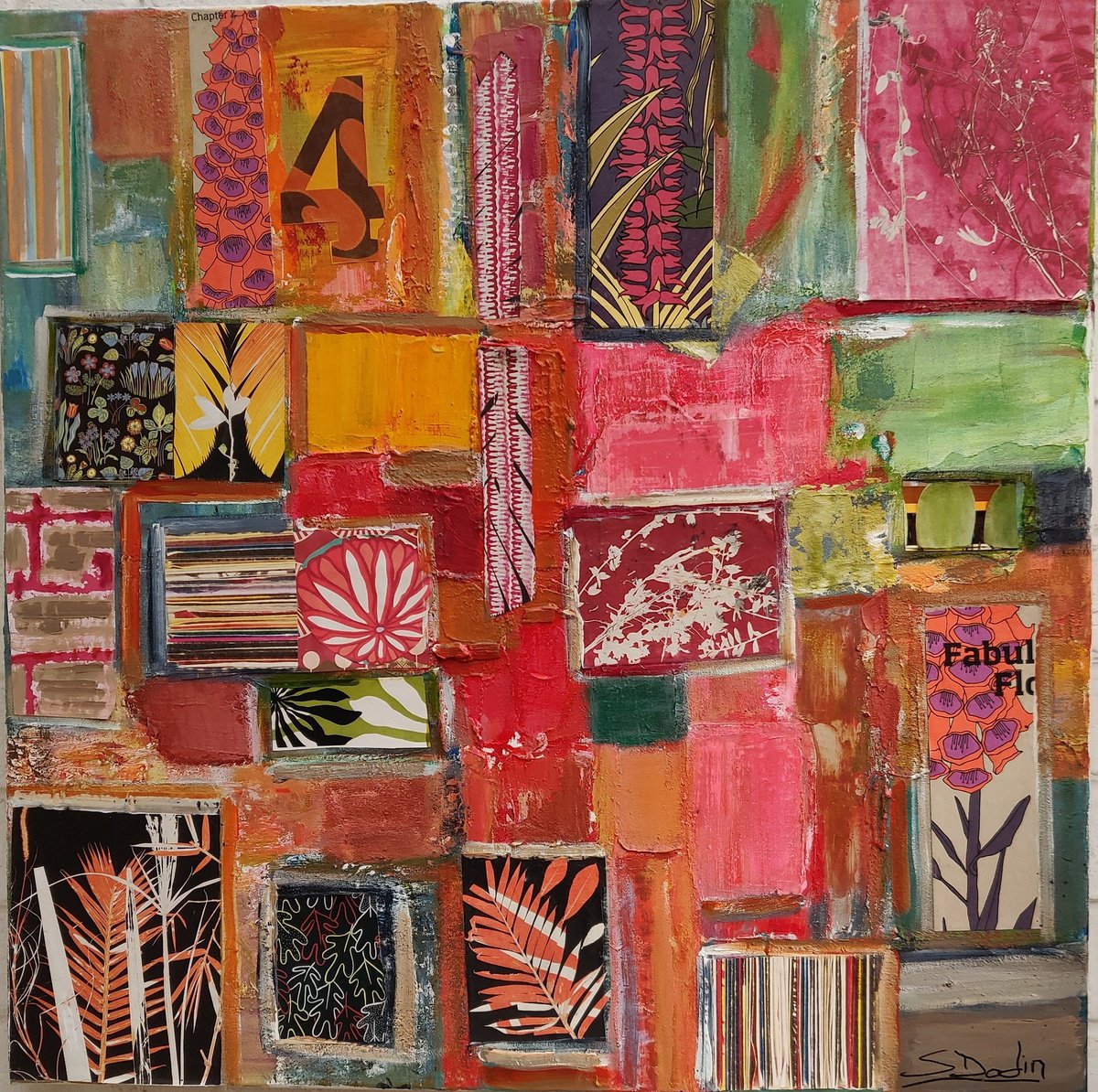 Abstract Acrylic Painting By Sylvie Dodin, 39 X 39", Red & Flowers, Original Artwork