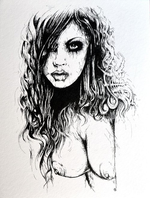 Just Girl - Original Ink Drawing Artwork by Jakub DK - JAKUB D KRZEWNIAK