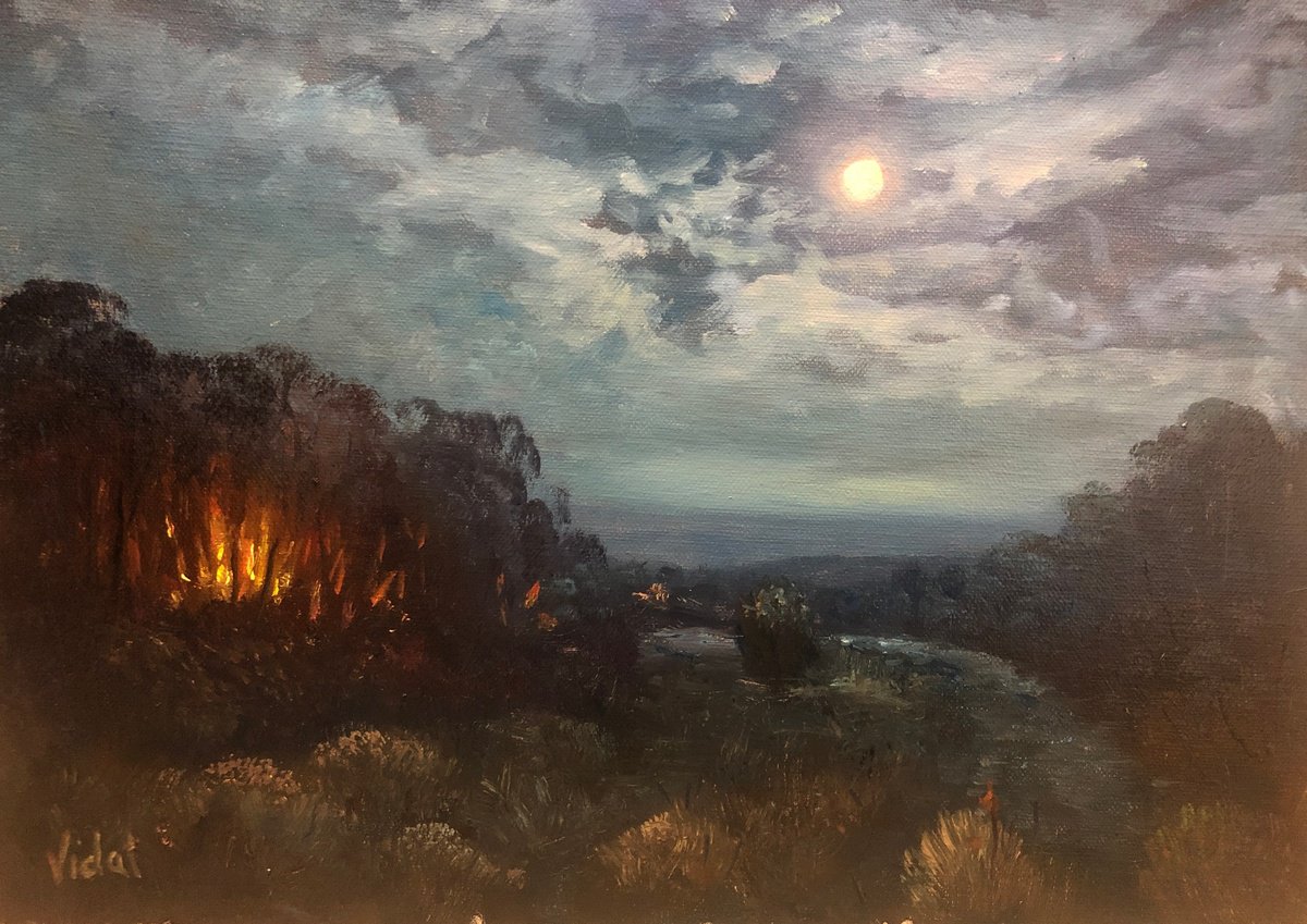 Impressionistic Landscape Oil Painting By Christopher Vidal, 14 X 10, The Fire At Night, Original Artwork