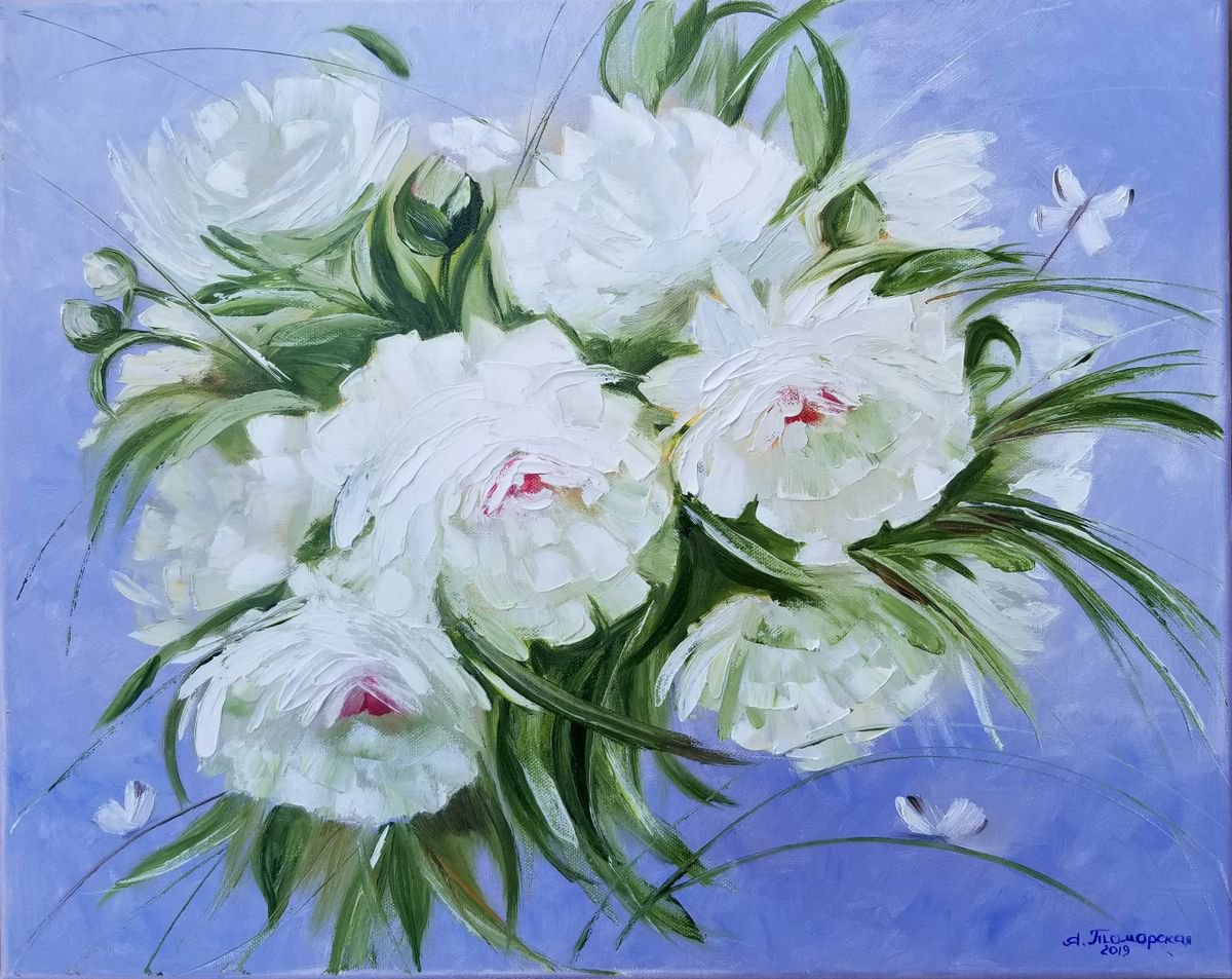 White Peonies. Original Oil Painting on Canvas. Performed in trendy palette knife techniqu... by Alexandra Tomorskaya/Caramel Art Gallery