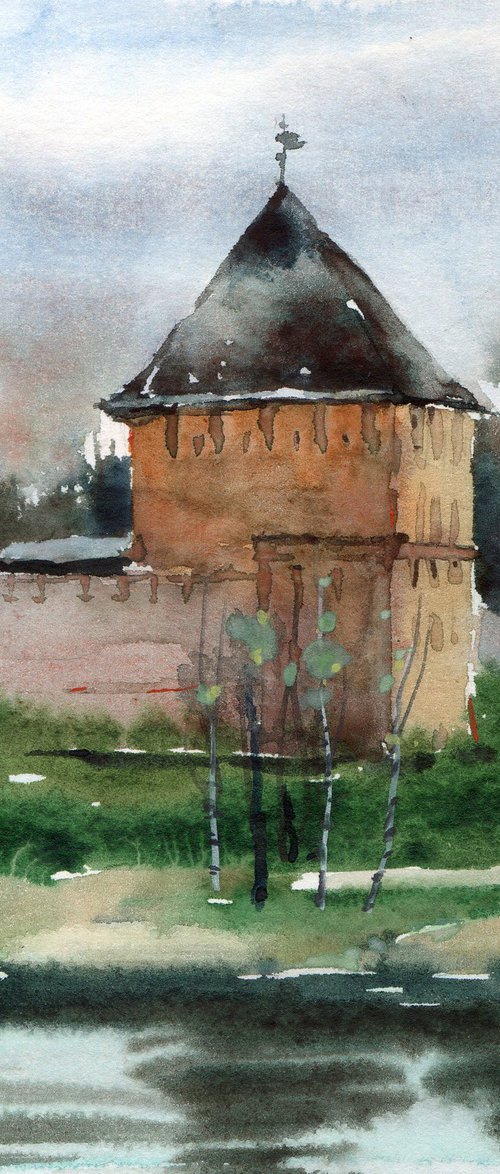 Old fortress of Veliky Novgorod, small watercolor by Yulia Evsyukova