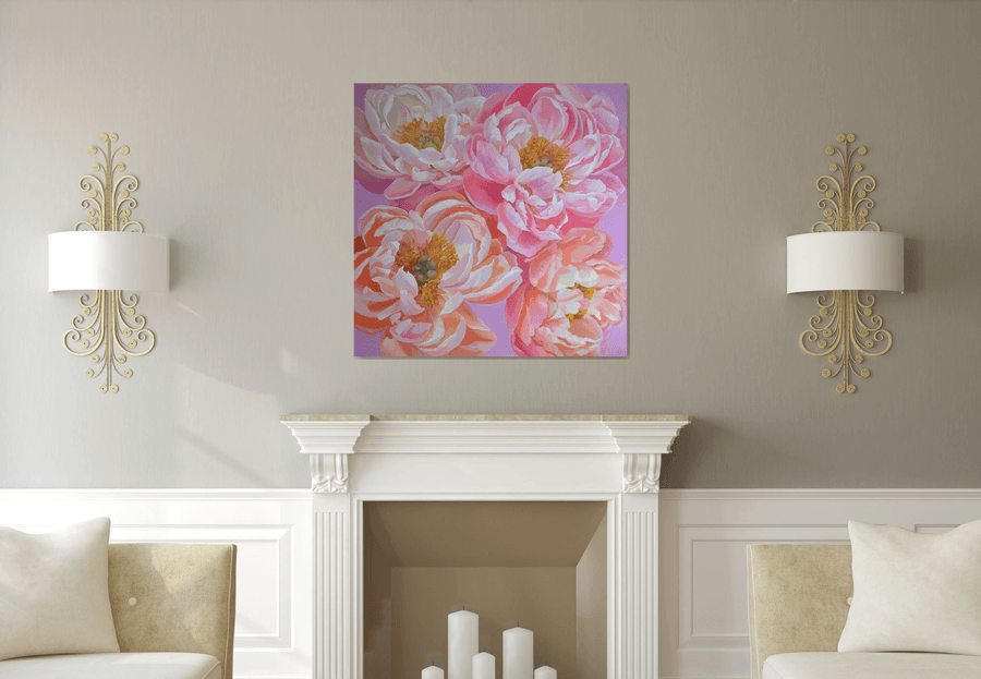 Pink Peonies large bloom 100x100 cm oil painting Peony flower Living ...