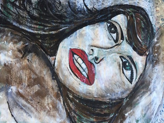 Captured II Acrylic on Newspaper Face Art Woman Portrait Red Lips 37x29cm Gift Ideas Original Art Modern Art Contemporary Painting Abstract Art For Sale Free Shipping