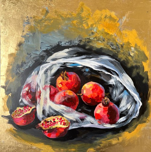 Pomegranates  on gold. by Maria Kireev