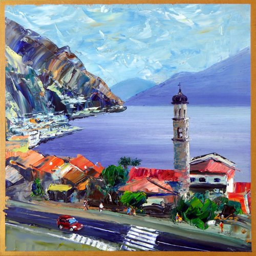 Limone before Rain on Garda Lake, Italy Landscape, Small Oil Painting by Ion Sheremet
