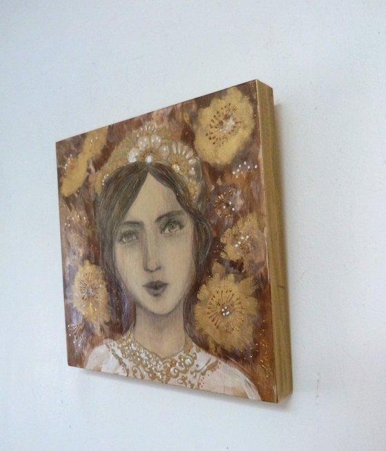 The Slavic soul.Portrait of a woman on wood 20 x 20 cm