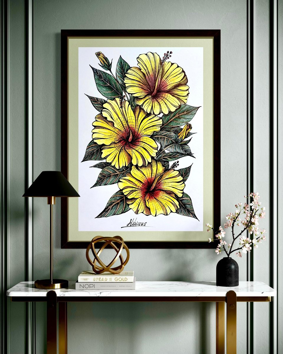Illustrative Botanical Ink Drawing By Maria Tuzhilkina, 11 X 17", Yellow Hibiscus Drawing, Original Artwork