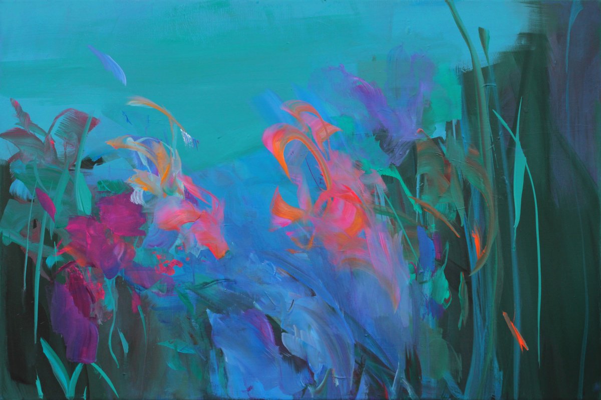 Expressive Botanical Acrylic Painting By Ute Laum, 47 X 31", Flow Ii, Original Artwork