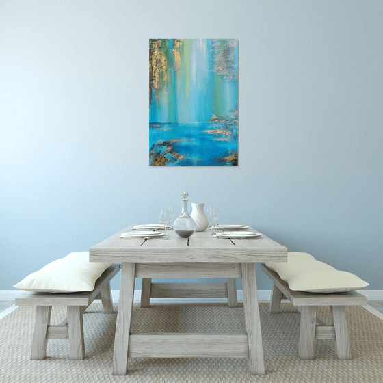 A XL large semi-abstract beautiful structured mixed media painting of a lake "Under the willow"