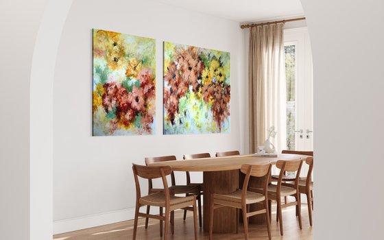 "Enchanted Blooms III" Diptych from "Colours of Summer" collection, XXL abstract flower painting