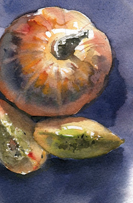 Pumpkin etude 1, 18,5x28, watercolor, orange, yellow, blue, stillife, pumpkin