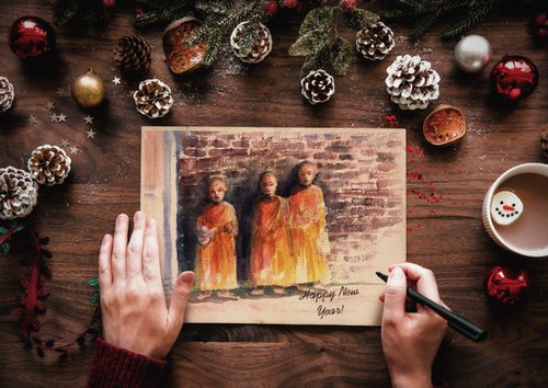 Three young monks 2 by Asha Shenoy